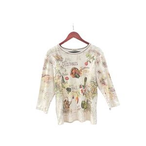 Studio Gem C Rhinestone Vegetable Garden Print Top Cream Cotton XXL 3/4 Sleeves